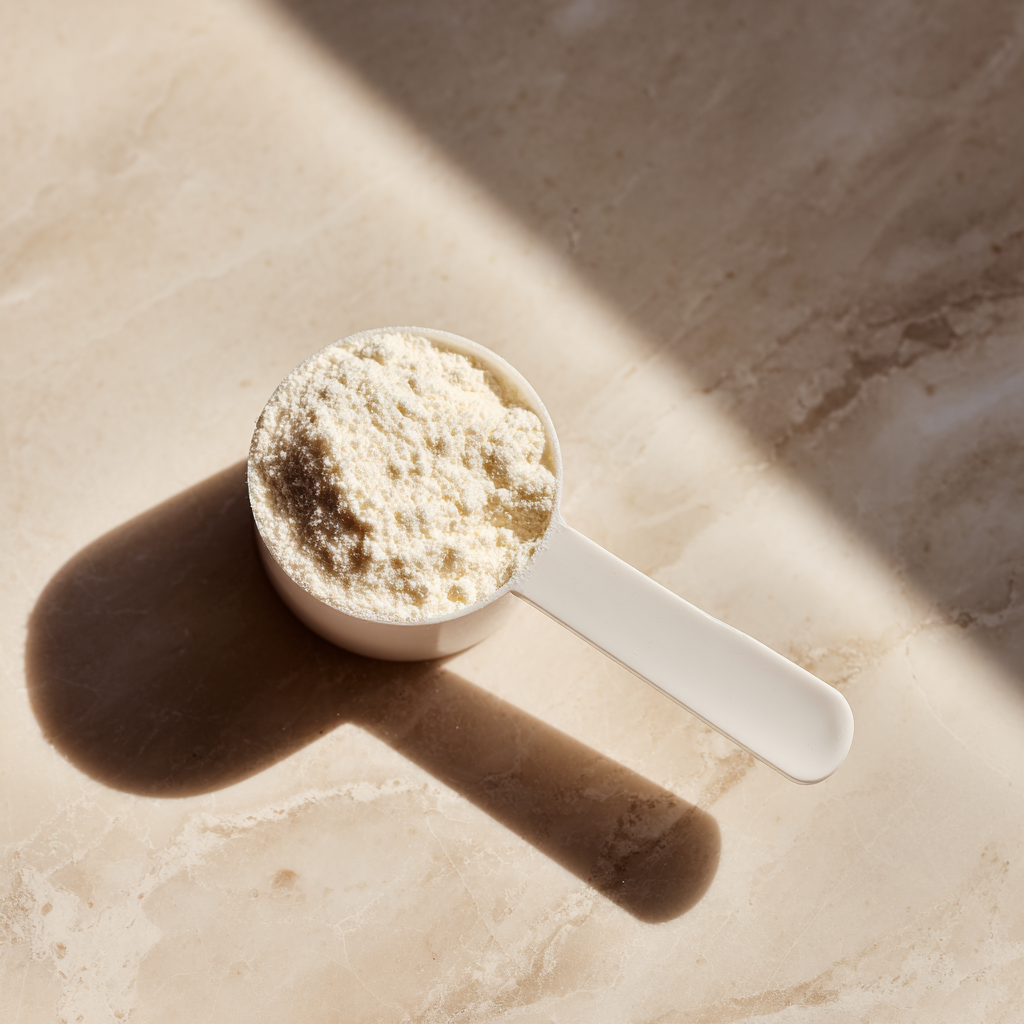White scoop filled with collagen powder on a beige marble surface