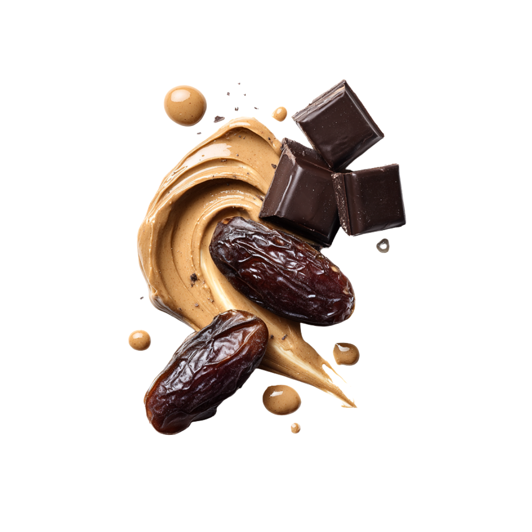 Nuts, dates, and chocolate pieces on a white background